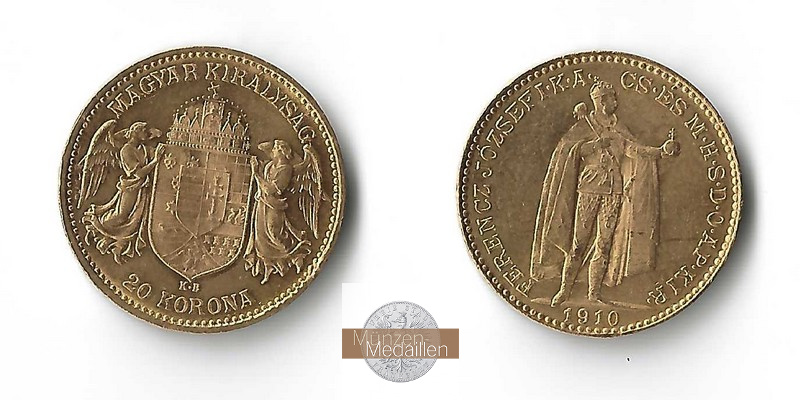 Ungarn MM-Frankfurt  Feingold: 6,10g 20 Kronen 1910 ss