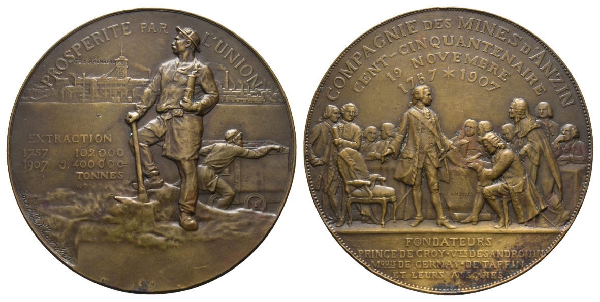  Frankreich, Bergbau-Medaille 1907; Bronze, 88,56 g, Ø 60,7 mm   
