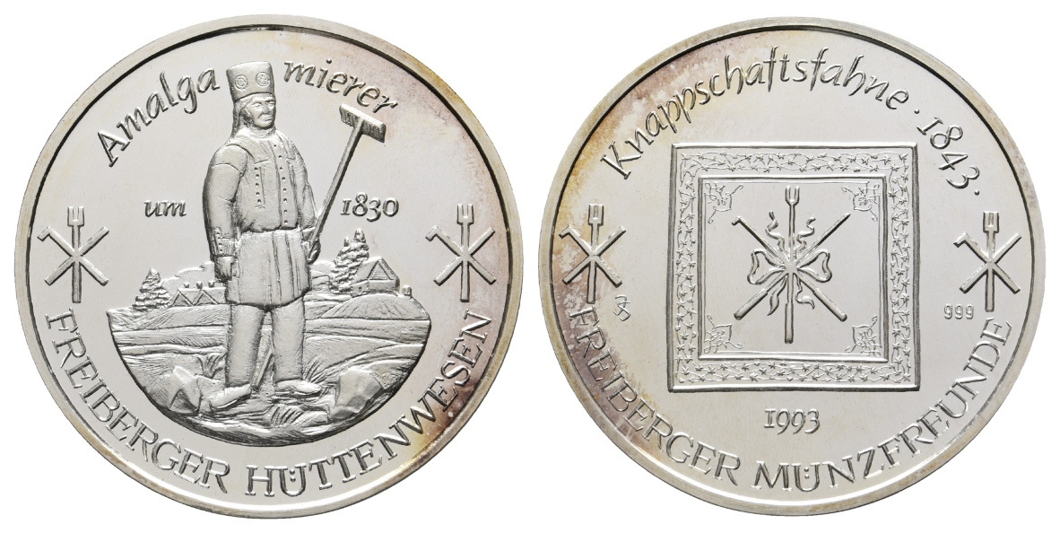  Freiberger Münzfreunde, Bergbau-Medaille 1993; 999 AG, 30,91 g, Ø 40,0 mm   