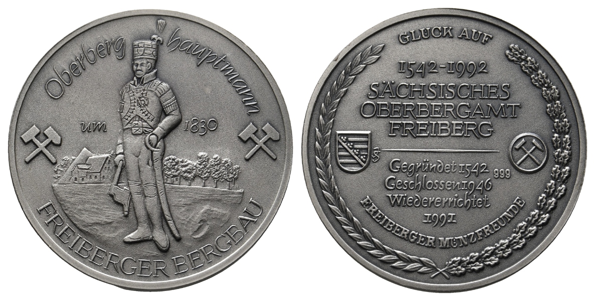  Freiberg, Bergbau-Medaille 1991; versilbert, 31,23 g, Ø 40,3 mm   