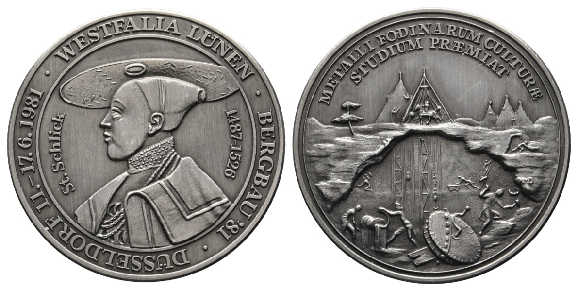  Düsseldorf, Bergbau-Medaille 1981; versilbert mattiert, 24,29 g, Ø 44,2 mm   