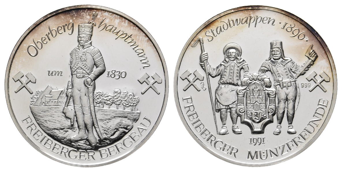  Freiberg, Bergbau-Medaille 1991; 999 AG, 31,15 g, Ø 40,1 mm   
