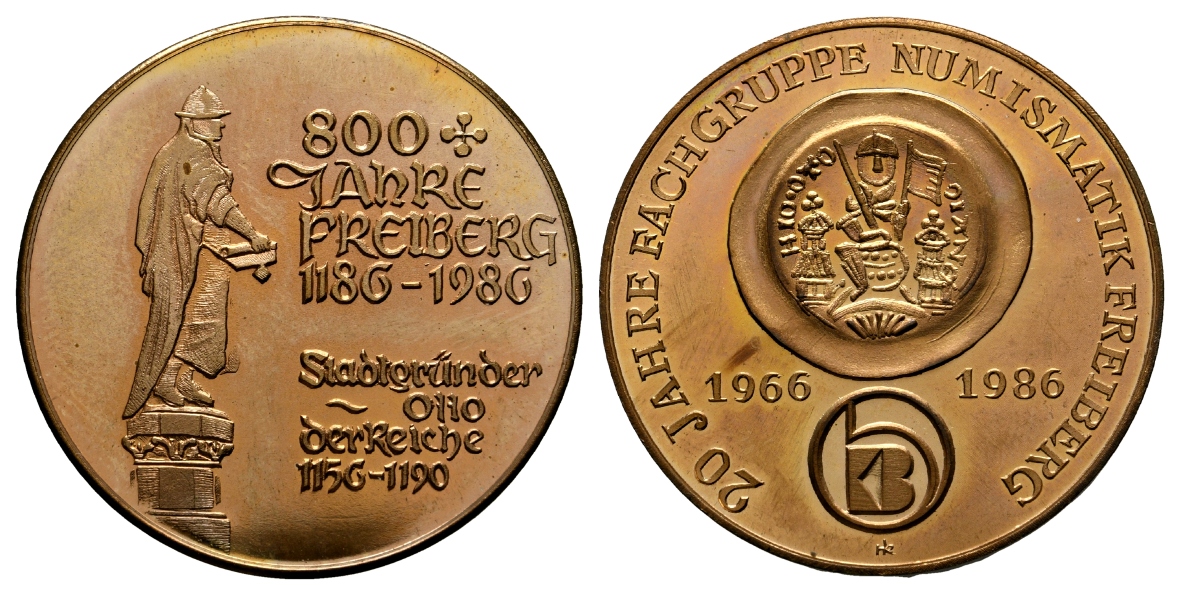  Freiberg,800 Jahre, Bergbau-Medaille 1986; Kupfer, 31,43 g, Ø 39,9 mm   