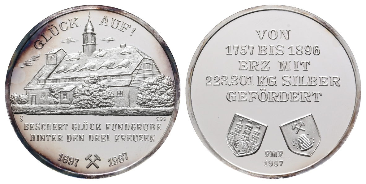  Freiberg, Bergbau-Medaille 1997; 999 AG, 31,09 g, Ø 40,0 mm   