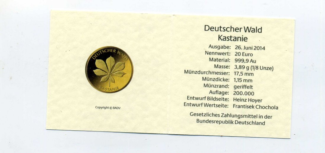 Zertifikat Original für 20 Euro Goldmünze 2014 Kastanie nur Zertifikat   