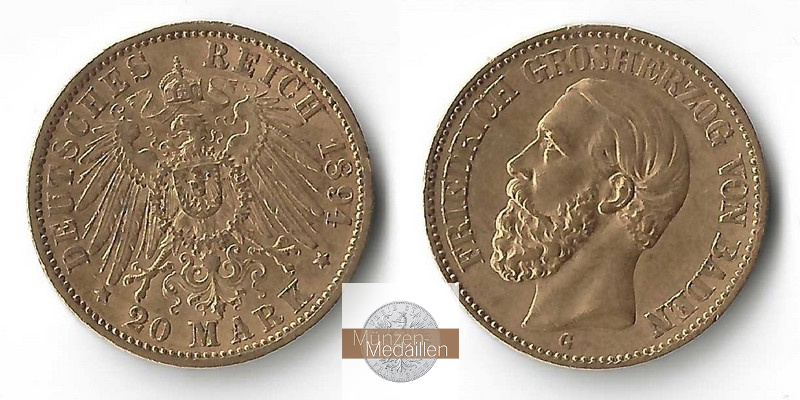 Baden, Kaiserreich  20 Mark MM-Frankfurt Feingold: 7,17g Friedrich I. 1852 - 1907 1894 G 