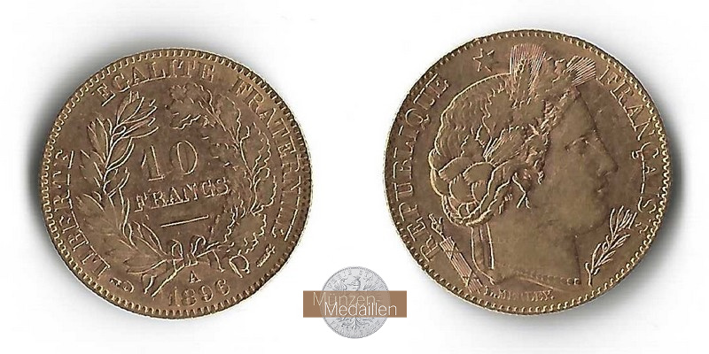 Frankreich MM-Frankfurt Feingold: 2,9g 10 Francs 1896 A 