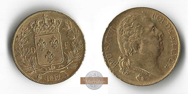 Frankreich MM-Frankfurt  Feingold: 5,81g 20 Francs 1817 A 
