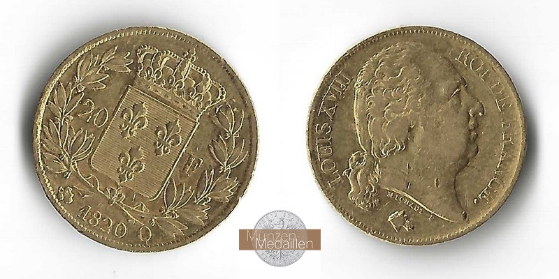 Frankreich MM-Frankfurt  Feingold: 5,81g 20 Francs 1820 Q 