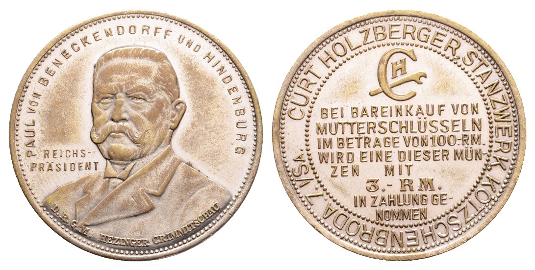  Linnartz Hindenburg NOTGELD zu 3 Reichsmark (Rabattzusage der Fa.Holzberger in Kötzschenbroda. ss-vz   