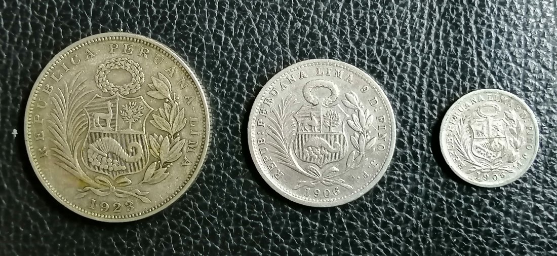  3 x Peru 1923, 1906, 1905 sitzende Freiheit von Schild und Säule flankiert alle Silber XXL Bilder   