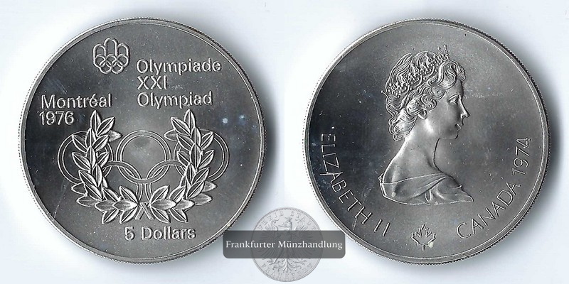  Kanada,  5 Dollar  1974 Olympia'76  FM-Frankfurt Feinsilber: 23,03g   