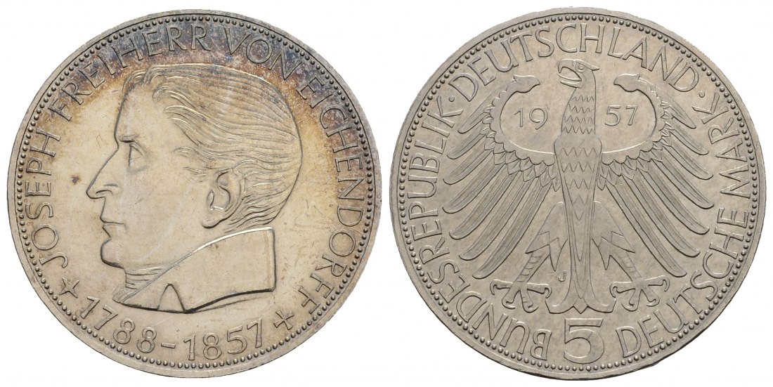 PEUS 4143 BRD Joseph Freiherr von Eichendorff (1788 - 1857) 5 Mark 1957 J Kl. Kratzer, fast Vorzüglich