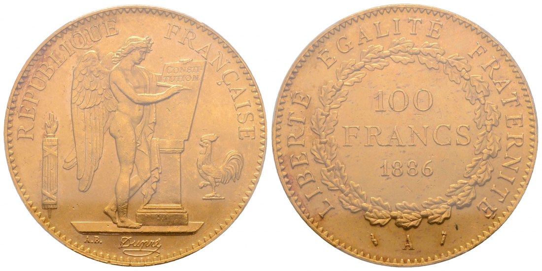 PEUS 4489  Frankreich 29,05 g Feingold 100 Francs GOLD in PCGS-Plastic-Holder 1886 A PCGS-Bewertung MS64+/ Vorzüglich