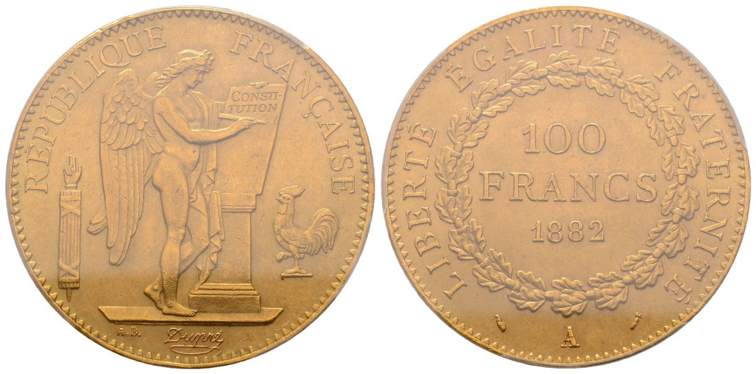 PEUS 4490  Frankreich 29,05 g Feingold 100 Francs GOLD in PCGS-Plastic-Holder 1882 A PCGS-Bewertung MS64/ Vorzüglich