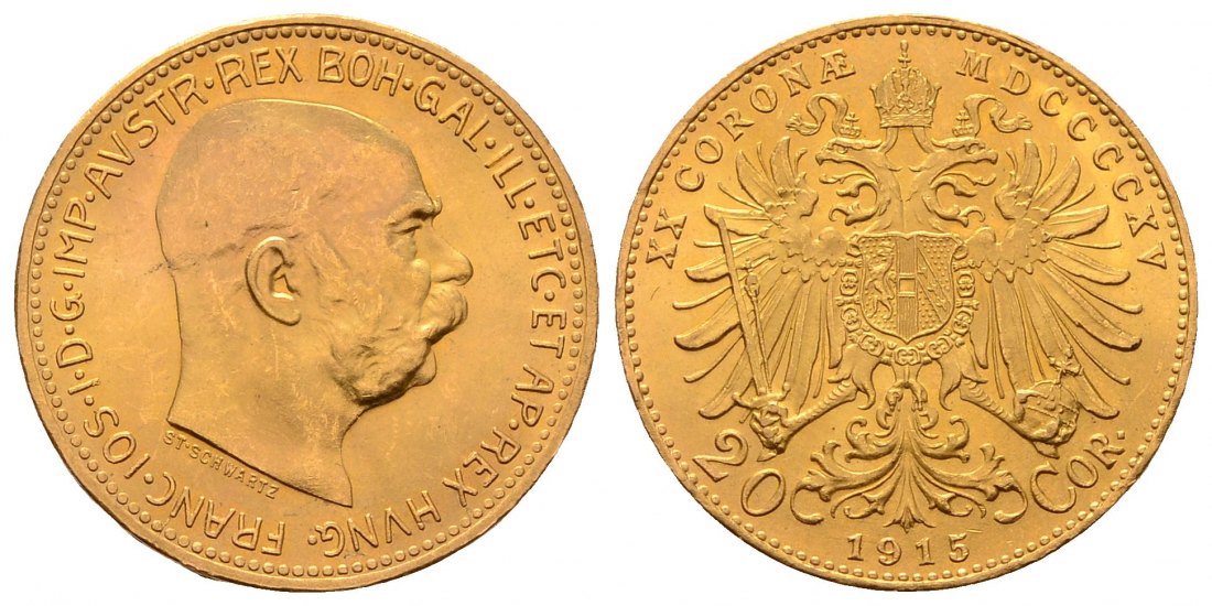 PEUS 4494 Österreich 6,1 g Feingold. Franz Joseph I. (1848 - 1916) 20 Kronen (off.NP) GOLD 1915 Fast Stempelglanz