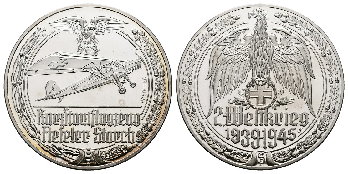  Linnartz 2. Weltkrieg Silbermedaille, Kurzstartflugzeug - Fieseler Storch , 35,1/fein, 50 mm, PP   