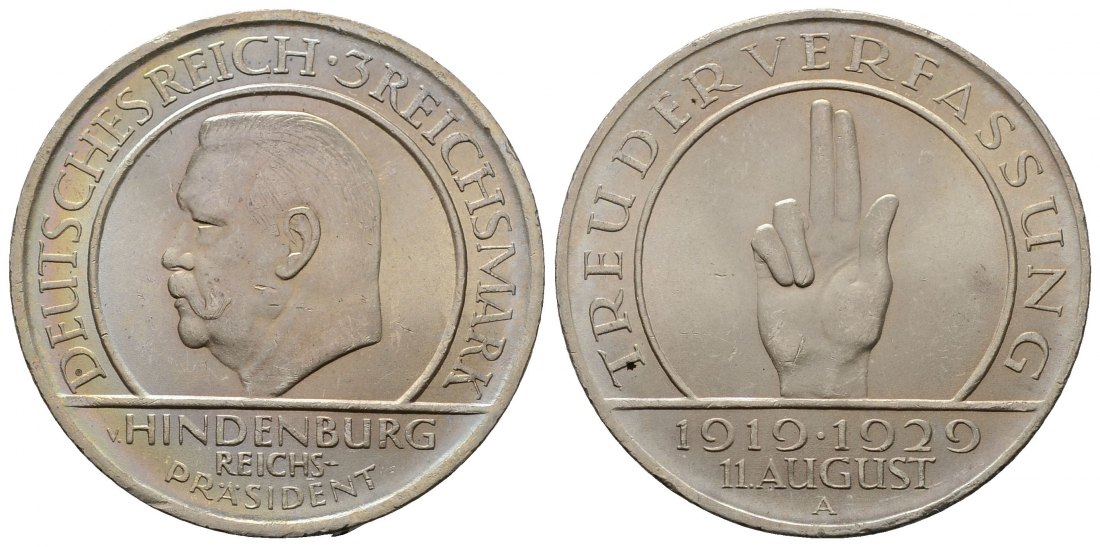 PEUS 4503 Weimarer Republik 10.Jahre Weimarer Reichsverfassung 3 Reichsmark 1929 A Kl. Kratzer, Vorzüglich