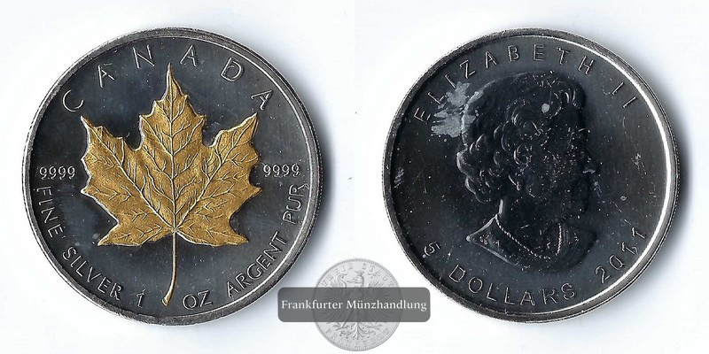  Kanada,  5 Dollar  2011   Maple Leaf mit Teilvergoldung  FM-Frankfurt   Feinsilber: 31,1g   