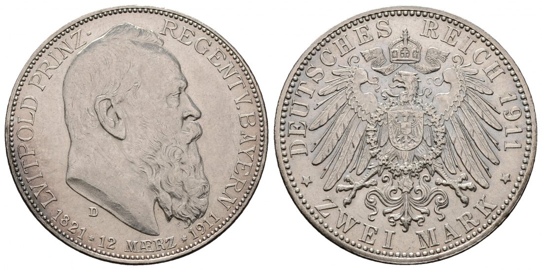 PEUS 4507 Bayern - Kaiserreich Prinz Luitpold (1886 -1912) 2 Mark 1911 D Kl. Kratzer, Vorzüglich