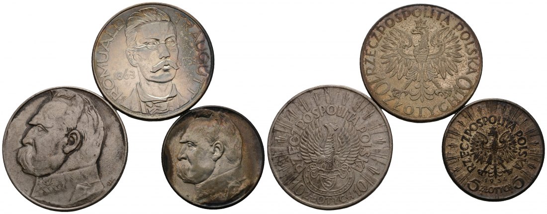 PEUS 4513 Polen Insgesamt 41,25 g Feinsilber. Pilsudski, Traugutt Zlotych-Lot (3 Münzen)SILBER 1933-34 Sehr schön / Vorzüglich