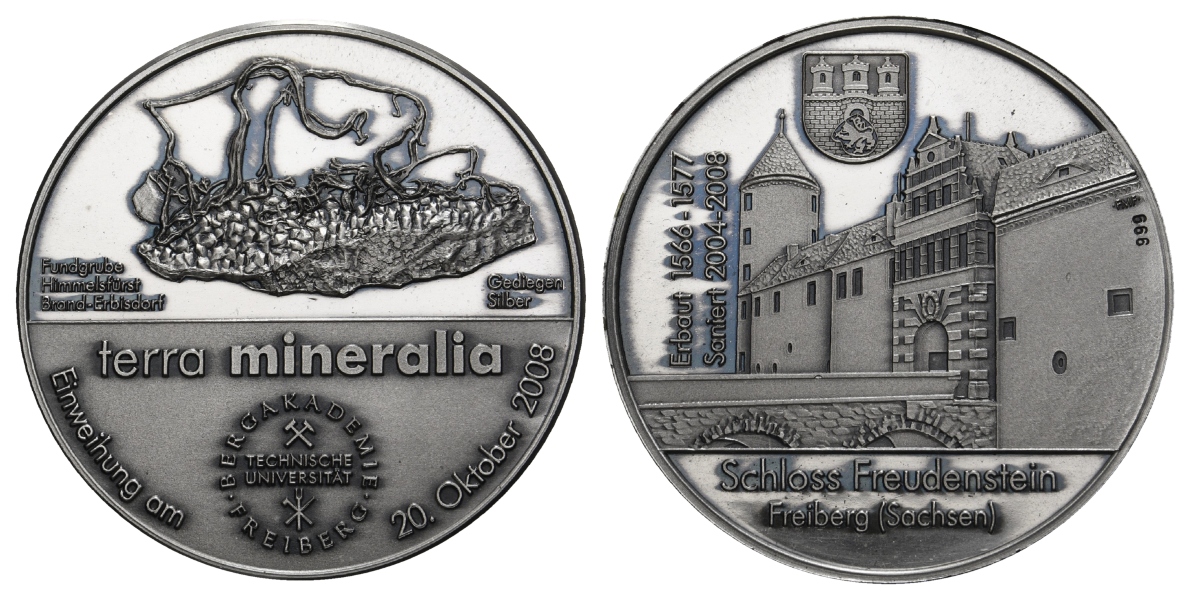  Freiberg-Technische Universität Bergakademie, Medaille 2008; 999 AG, 25 g, Ø 40,0 mm, patiniert   
