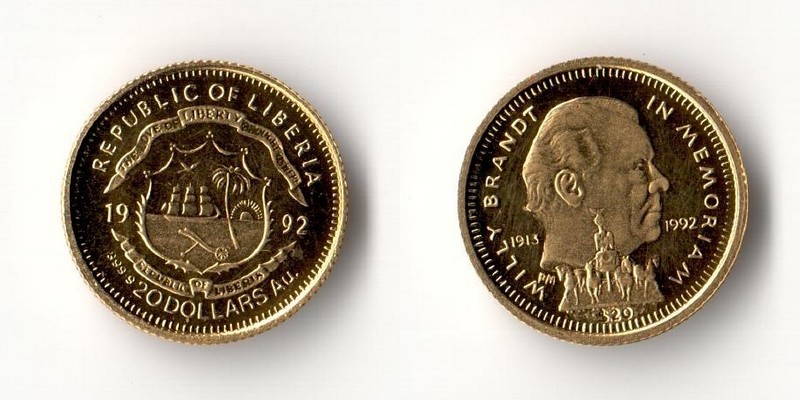 Liberia,  20 Dollar MM-Frankfurt Feingold: 1,24g Willy Brand 1992 