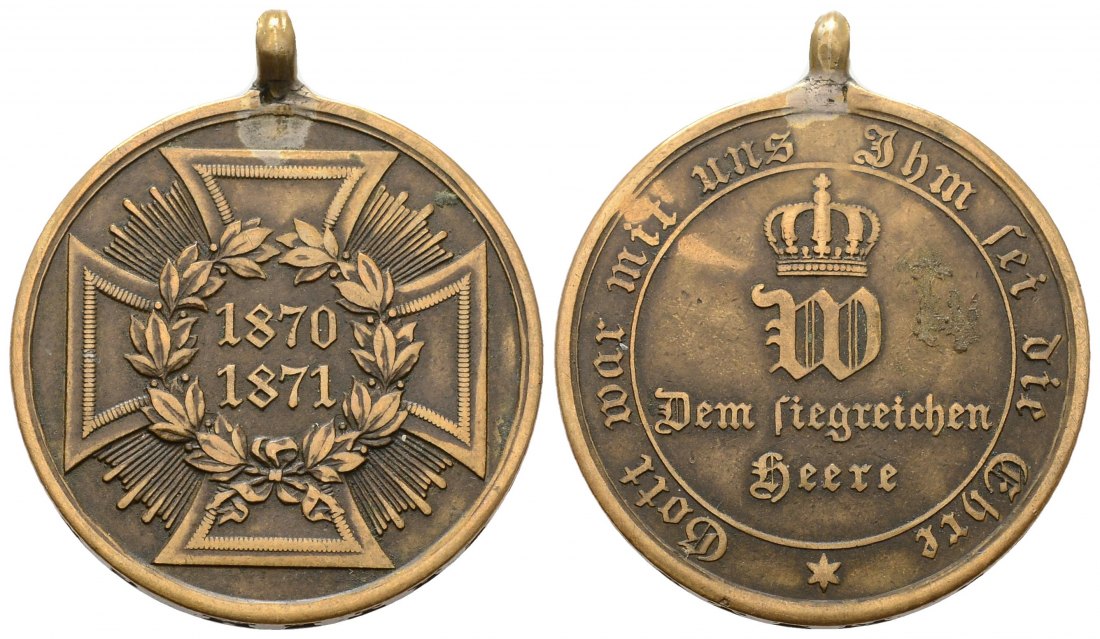 PEUS 4538 Deutsches Reich 13,41 g / 29 mm. Kaiser Wilhelm I. (1871-1888) Bronze Kriegsgedenkmedaille 1871 Gehenkelt, vorzüglich