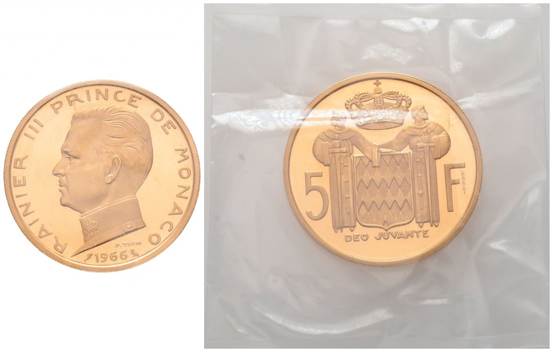 PEUS 4546 Monaco 18,86 g Feingold. Rainer III. (1949 - 2005) 5 Francs GOLD 1966 PROBE Proof (eingeschweißt)