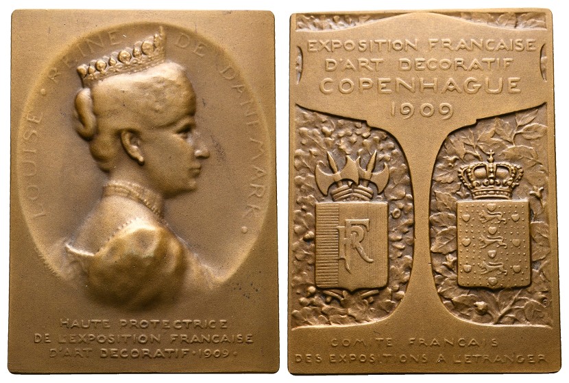  Linnartz Dänemark Bronzeplakette 1909 (Vernier) Ausstellung Kopenhagen vz+ Gewicht: 90,1g   