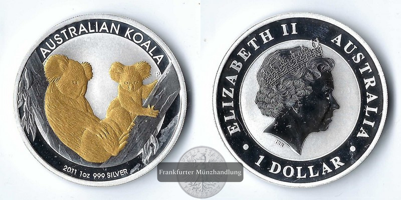  Australien,  1 Dollar  2011   Koala (mit Teilvergoldung) FM-Frankfurt    Feinsilber: 31,1g   