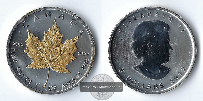  Kanada  5 Dollar  2012   Maple Leaf (mit Teilvergoldung)  FM-Frankfurt   Feinsilber: 31,1g   