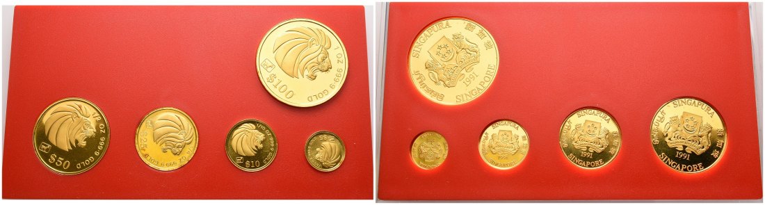 PEUS 4663 Singapur 59,1 g Feingold. Jahr der Ziege Dollars-Set Unze GOLD (5 Münzen) 1991 Rote Flecken, Impaired Proof