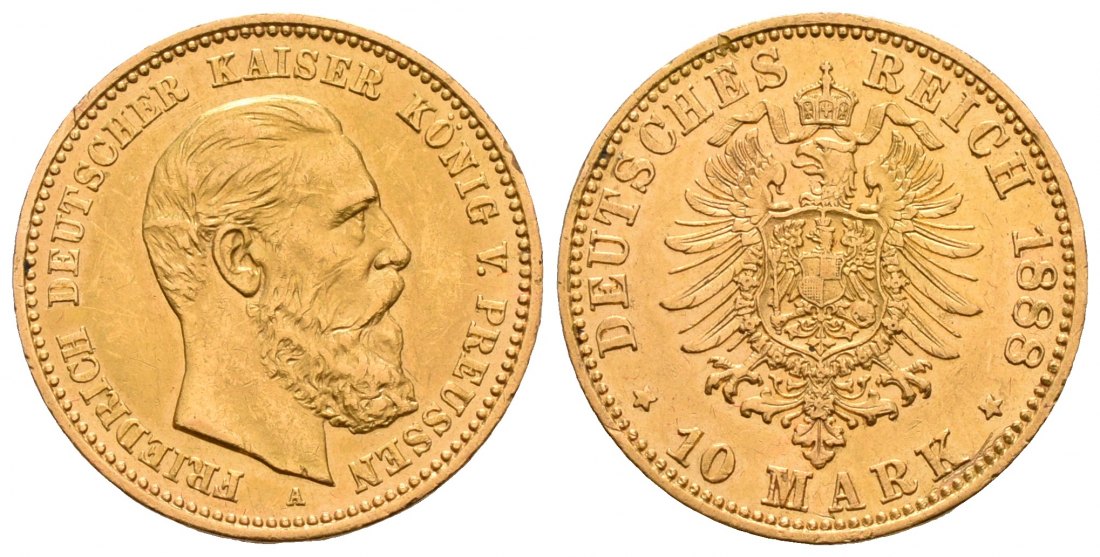 PEUS 4761 Kaiserreich - Preußen 3,58 g Feingold. Friedrich III. (09.03.- 15.06.1888) 10 Mark GOLD 1888 A Kratzer, Sehr schön +