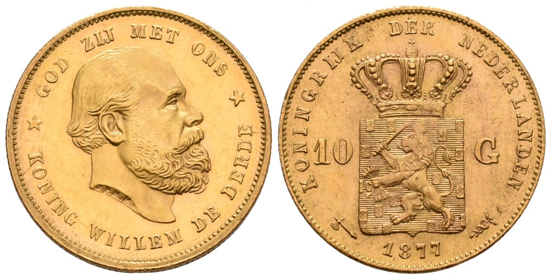 PEUS 4768 Niederlande 6,06 g Feingold. Wilhelm III. (1849 - 1890) 10 Gulden GOLD 1877 Kl. Kratzer, Vorzüglich +