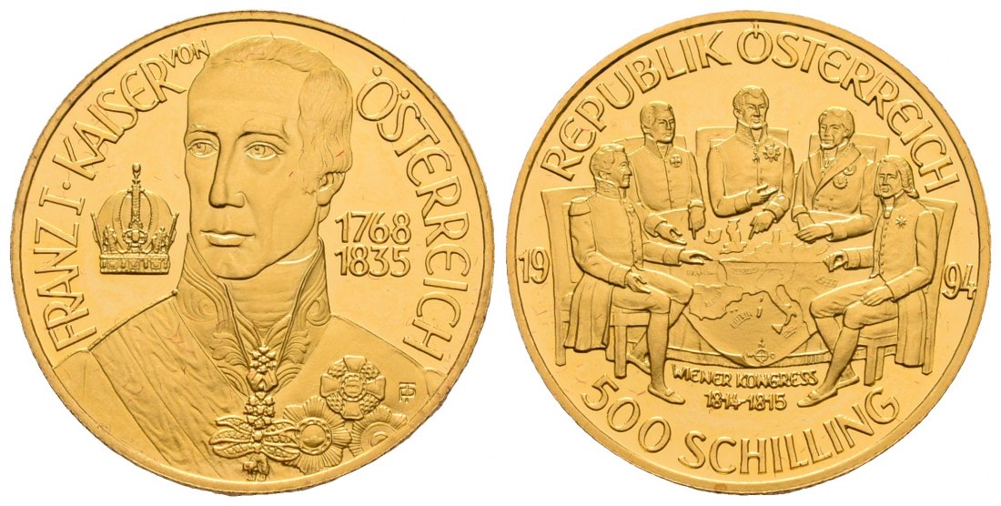 PEUS 4779 Österreich 8 g Feingold. Franz I. - Wiener Kongreß 500 Schilling GOLD 1994 Impaired Proof / Fast Polierte Platte