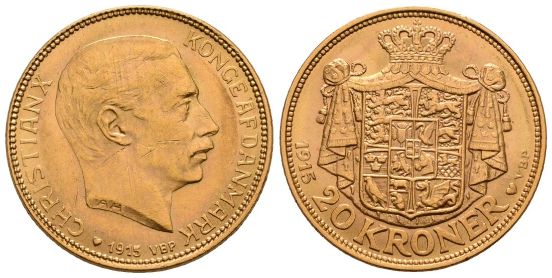 PEUS 4798 Dänemark 8,06 g Feingold. Kopenhagen Christian X. (1912 - 1947) 20 Kronen GOLD 1915 VBP Kl. Kratzer, Vorzüglich