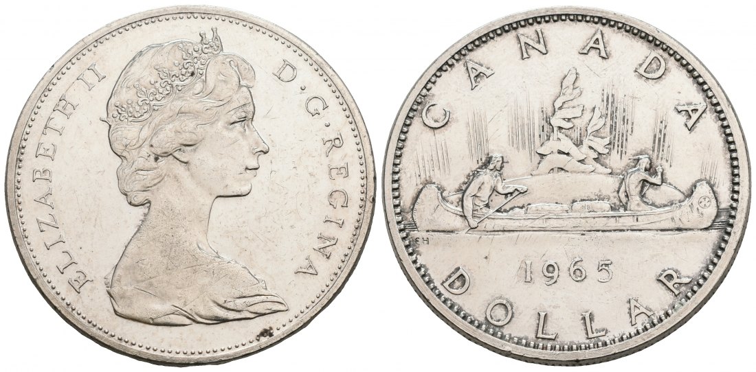 PEUS 5074 Kanada 18,66 g Feinsilber. Elizabeth II. / Indianerkanu Dollar SILBER 1965 Sehr schön +