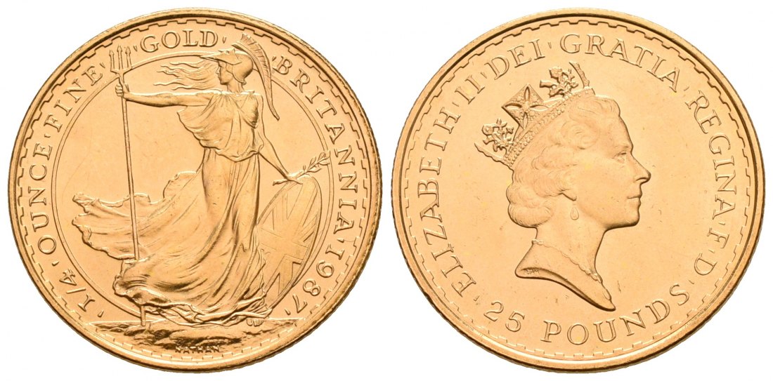 PEUS 5090 Grossbritannien 7,8 g Feingold. Britannia 25 Pounds GOLD 1/4 Unze 1987 Kl. Kratzer, fast Stempelglanz