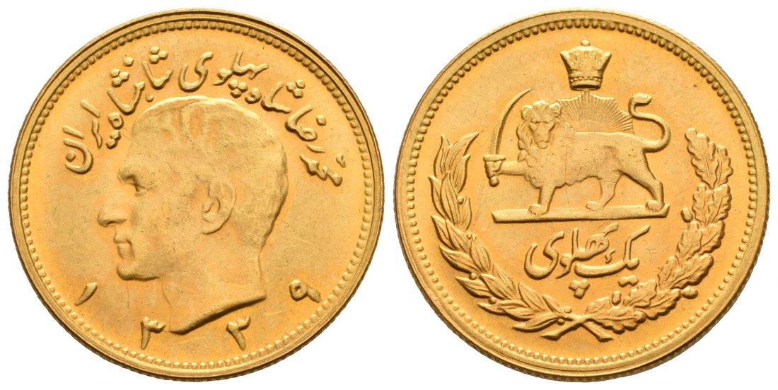 PEUS 4990 Iran 7,32 g Feingold. Muhammad Reza Shah Pahlavi GOLD 1339 = 1960 Kl. Kratzer, Vorzüglich +