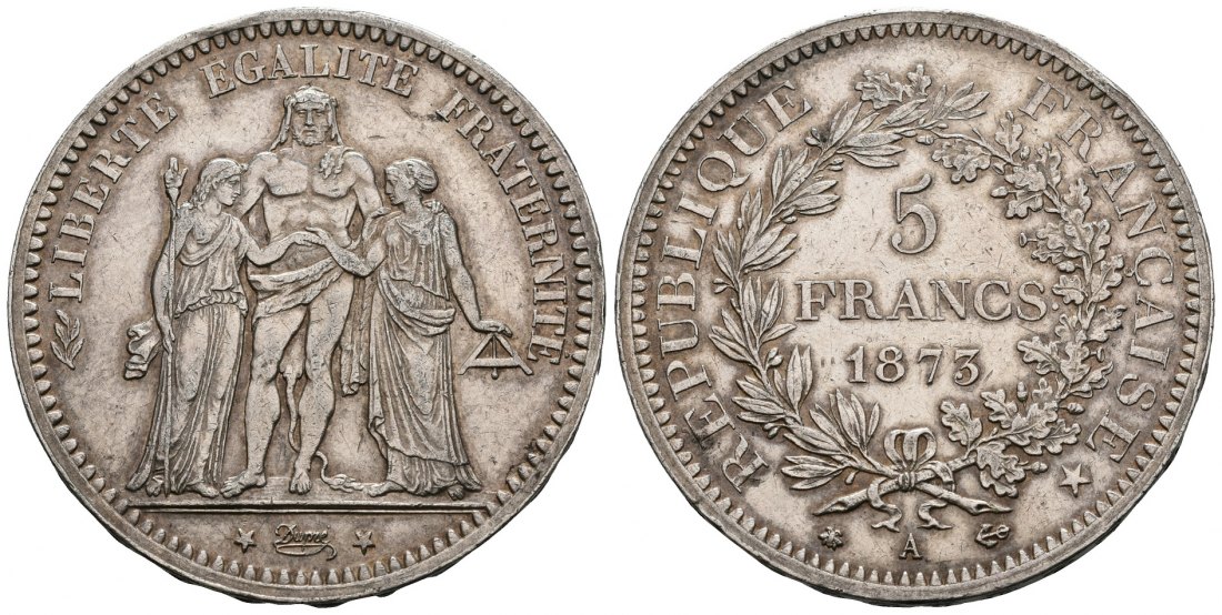 PEUS 5101 Frankreich 22,5 g Feinsilber 5 Francs 1875 A Sehr schön