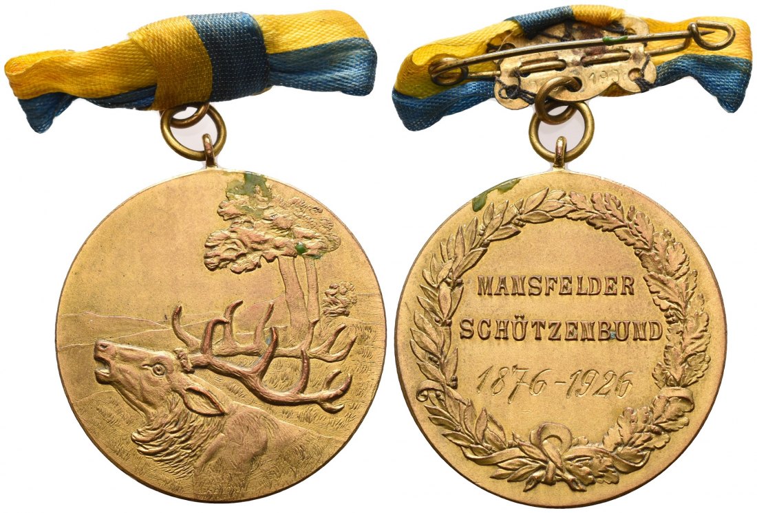 PEUS 5104 Sachsen-Anhalt 29,6 g / 39,5 mm. Röhrender Hirsch / Mansfelder Schützenbund Bronzemedaille mit Band 1926 Gehenkelt, vorzüglich