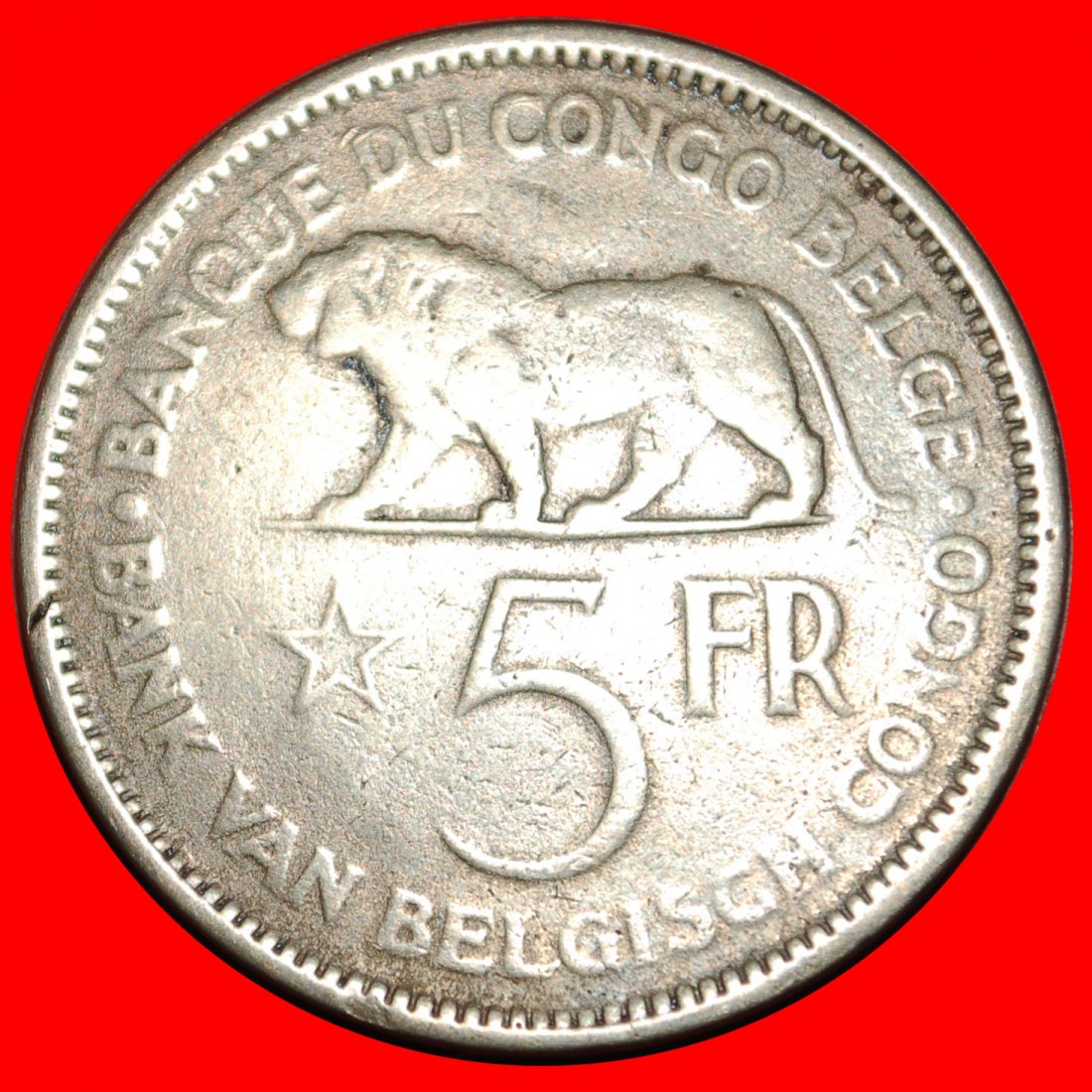  • PASSANT LION (1936-1937): BELGIAN CONGO ★ 5 FRANCS 1936 UNCOMMON! LOW START ★ NO RESERVE!   