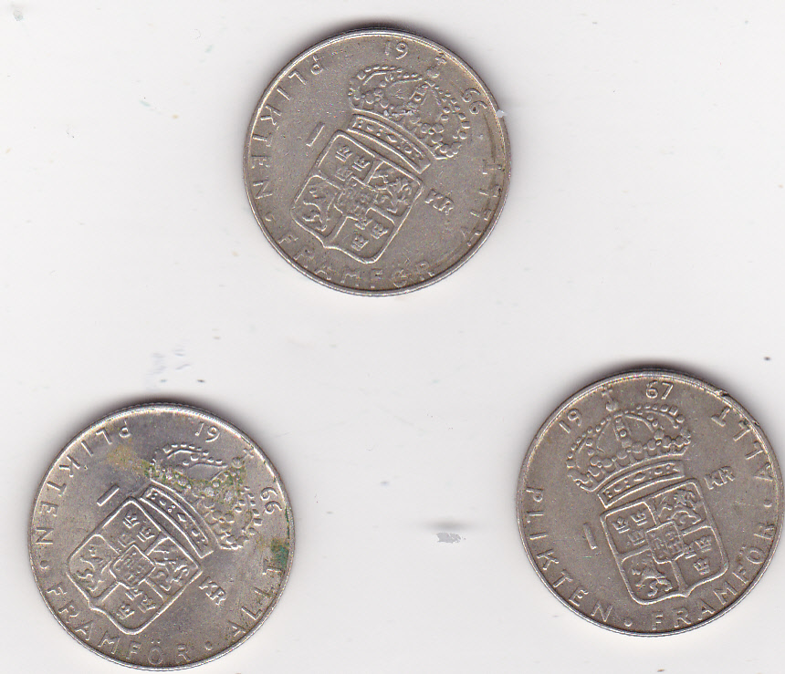  Schweden, 3 x 1 Krone 1966,1967 Silber   