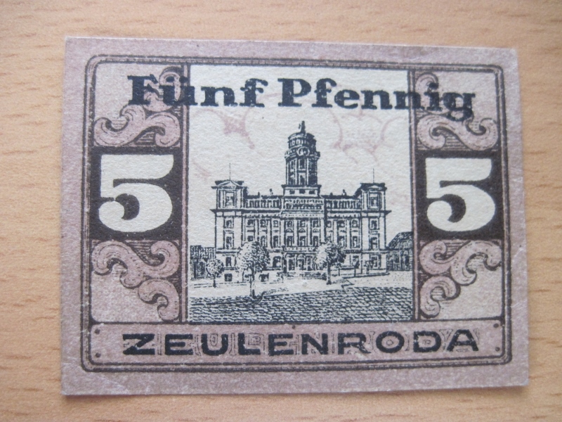  Notgeld Geldschein Inflationsgeld 5 Pfennige Stadtgemeinde Zeulenroda 1920   
