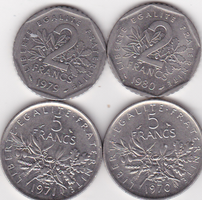  Frankreich, 2 Franc 1979,1980, 5 Franc 1970,1971   