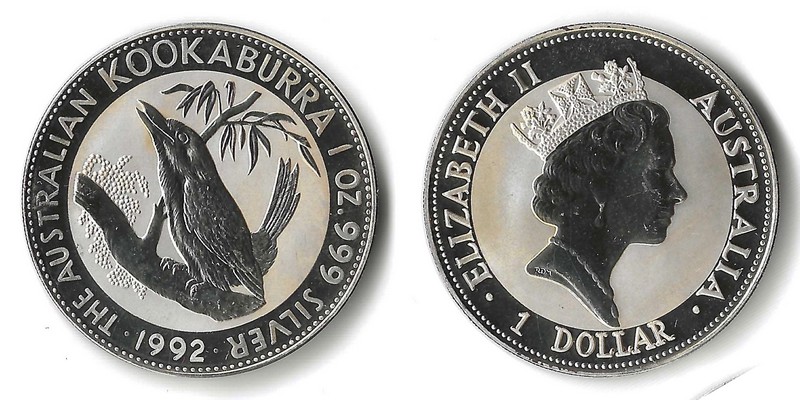  Australien,  1 Dollar 1992   Kookaburra   FM-Frankfurt Feinsilber: 31,1g   