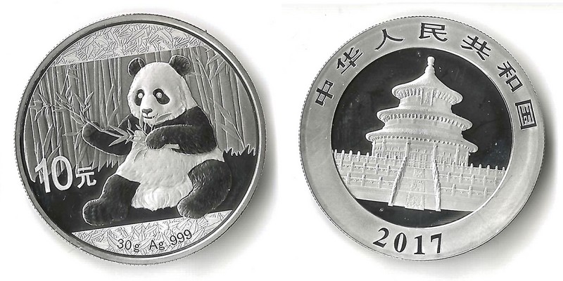 China  10 Yuan  2017  Sitzender Panda mit Bambus  FM-Frankfurt  Feinsilber: 30g   