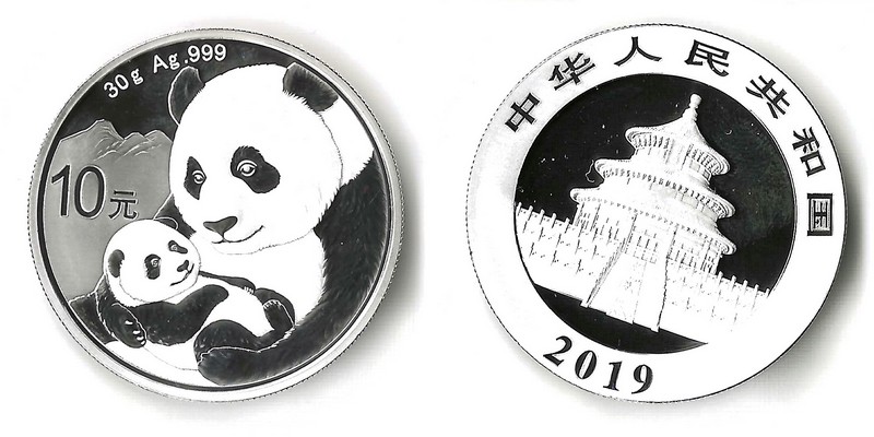  China,  10 Yuan  2019  Panda  FM-Frankfurt  Feinsilber: 30g   