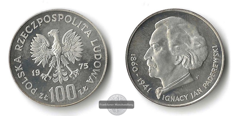  Polen  100 Zloty  1975 Ignacy Jan Paderewski FM-Frankfurt   Feinsilber: 10,31g   